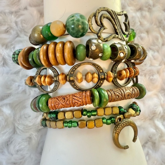 Bohemian Green and Brown Handmade Beaded Bracelet Set - Picture 1 of 3